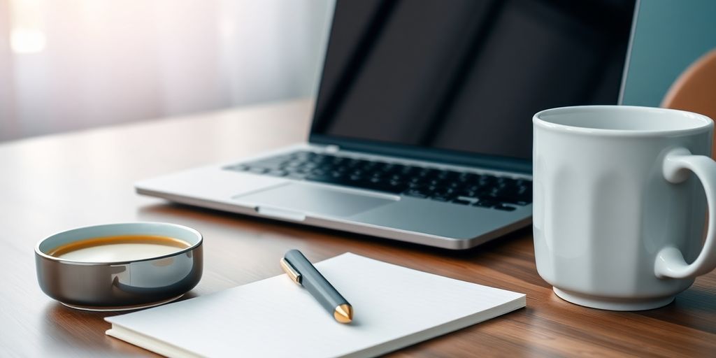 Modern workspace with laptop, notepad, and coffee cup.