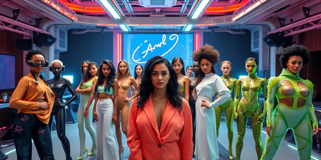 Diverse AI models in a futuristic studio setting.