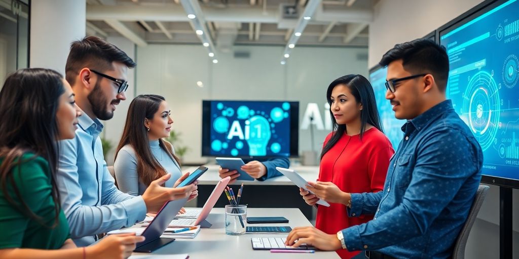 Entrepreneurs discussing AI services in a modern office.