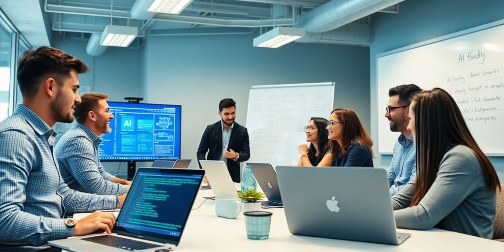 Diverse team collaborating on AI projects in an office.
