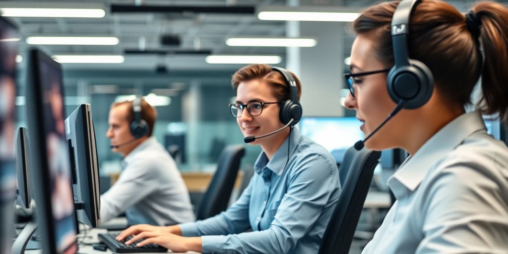 Modern call center with agents and automated technology.