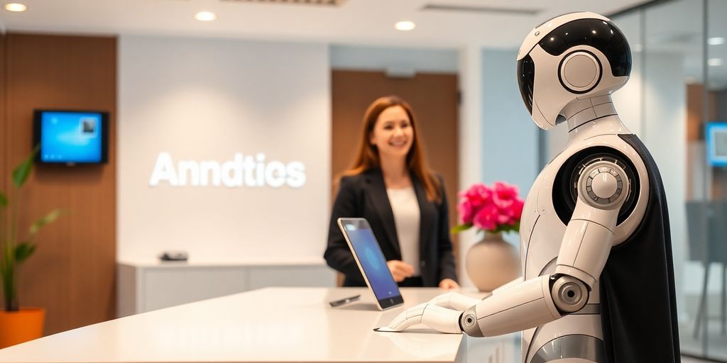 Humanoid robot receptionist assisting a customer in office.