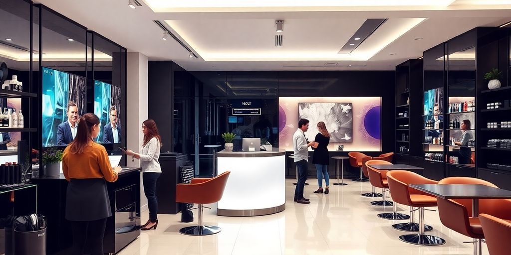 Modern salon with virtual receptionist and stylish interiors.