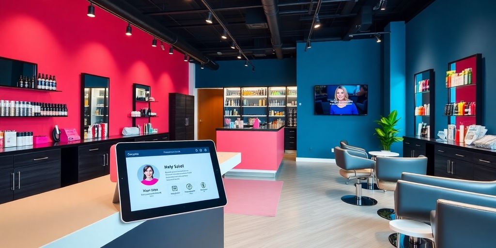 Modern salon with a virtual receptionist at the counter.