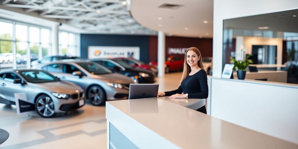 Car dealership receptionist at modern desk with cars behind.
