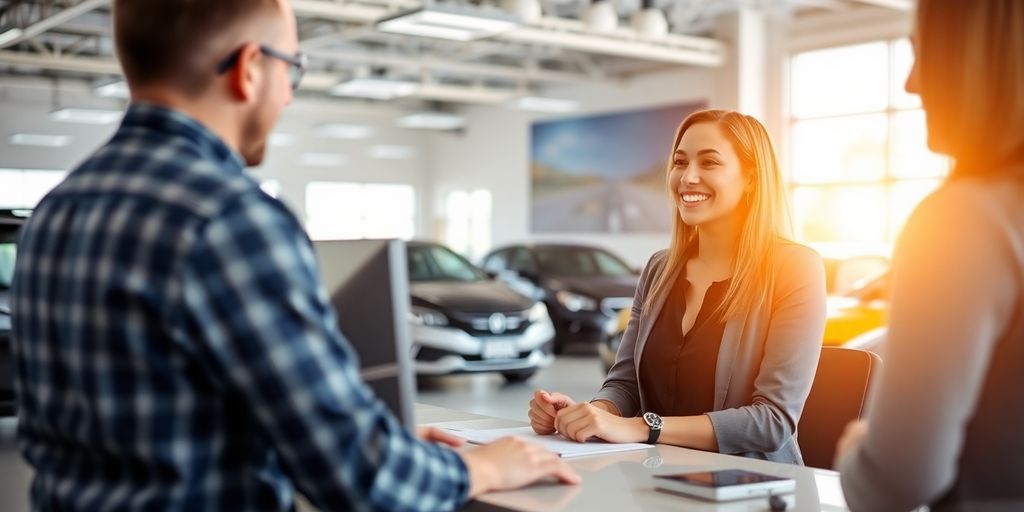 Car dealership receptionist assisting customers in a bright office.