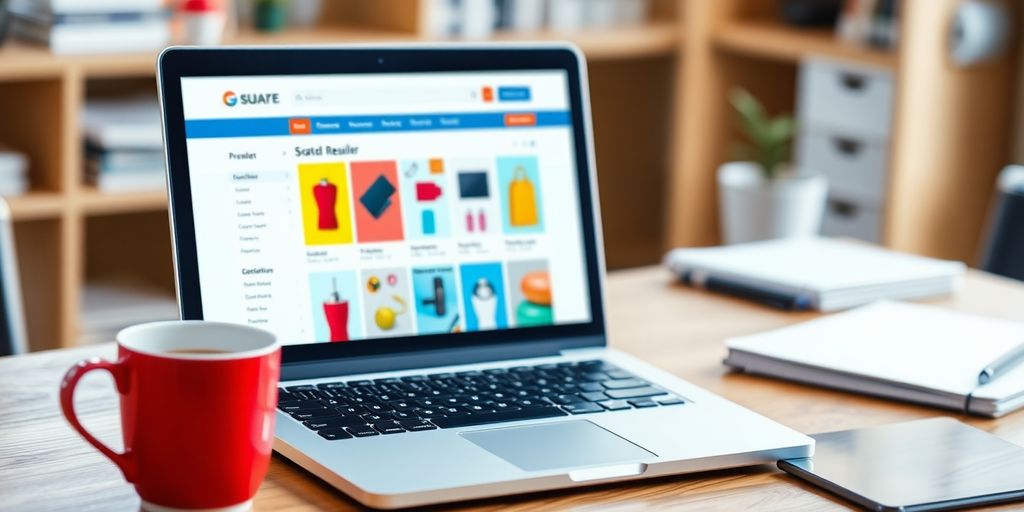 Laptop displaying a reseller website with product images.