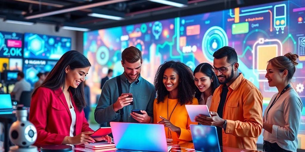 Futuristic marketing team collaborating with advanced AI tools.