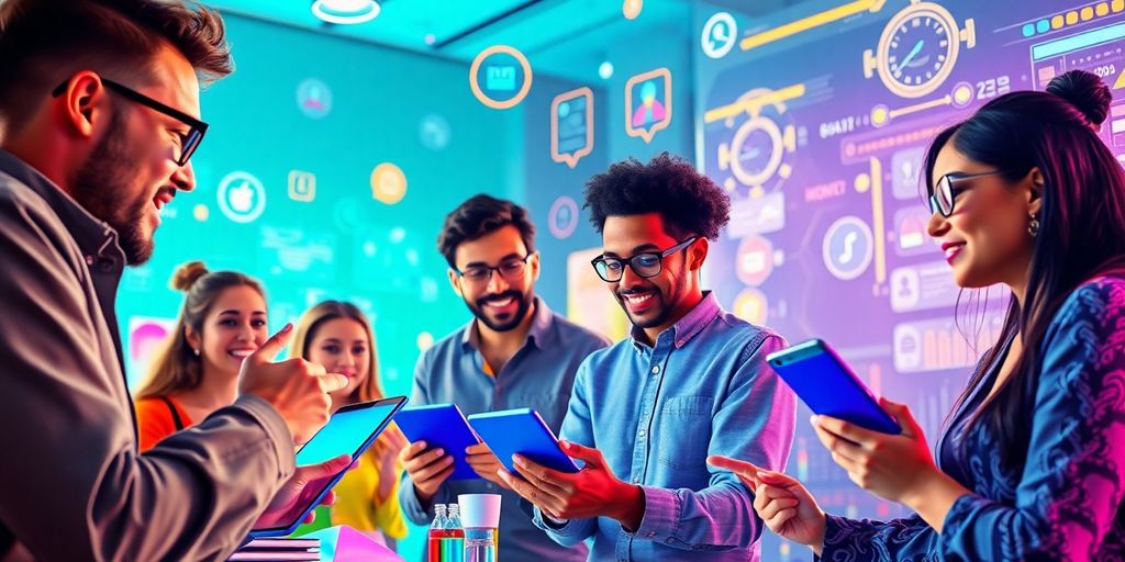 Creative team collaborating with AI technology in marketing.