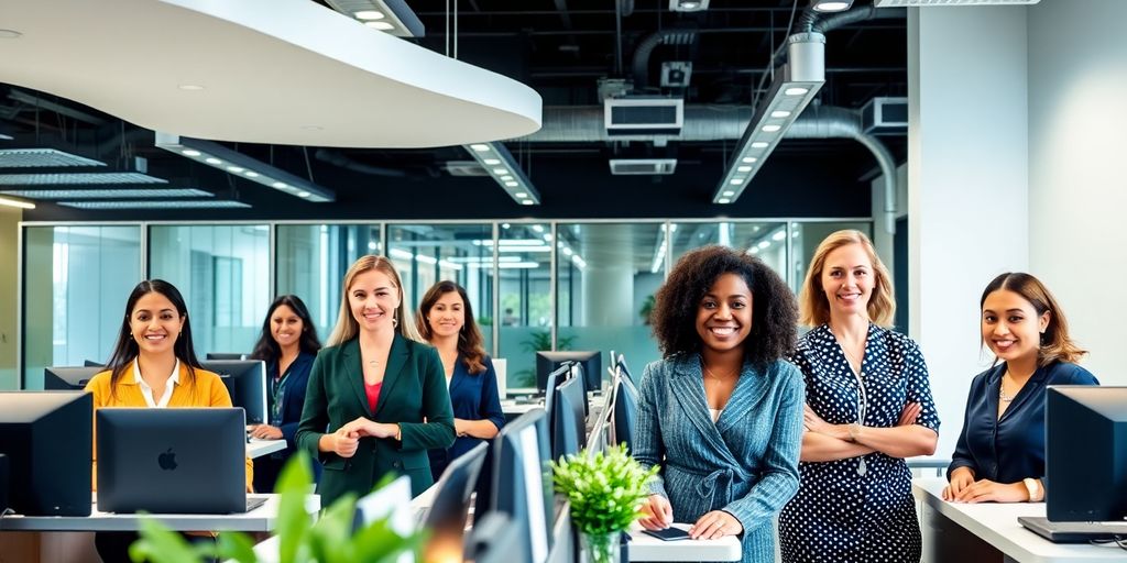 Diverse receptionists in a modern office setting in Dallas.