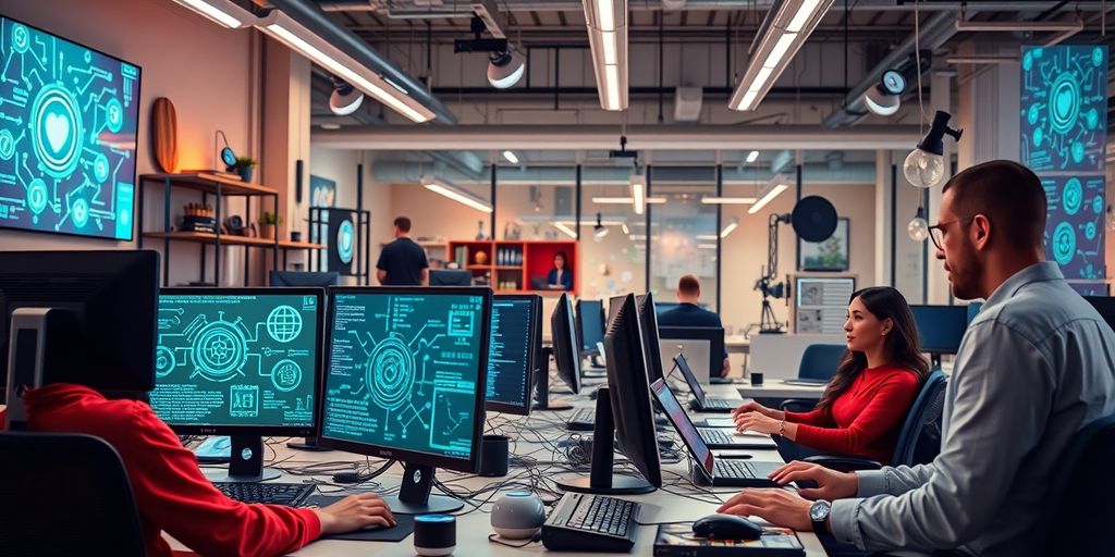 Modern workspace with advanced AI technology and collaboration.