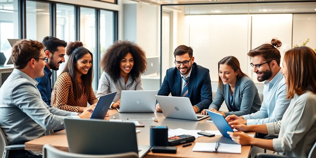 Diverse team collaborating in a modern office setting.