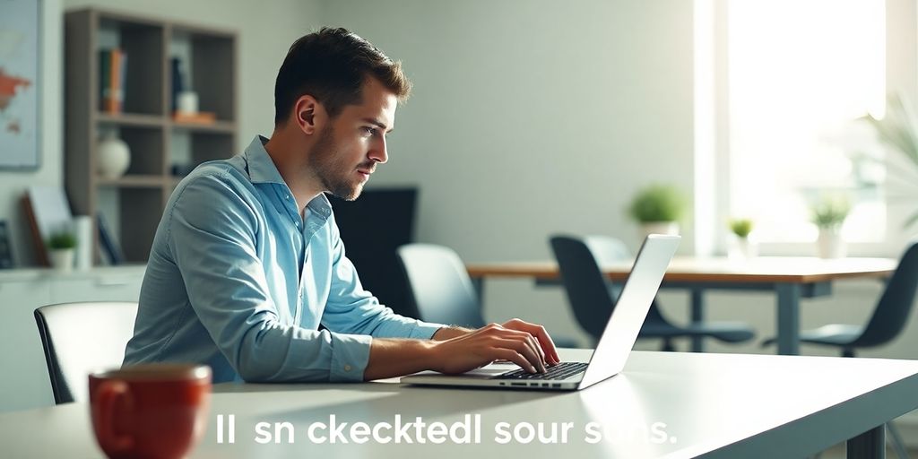 Person working on laptop in a bright workspace.