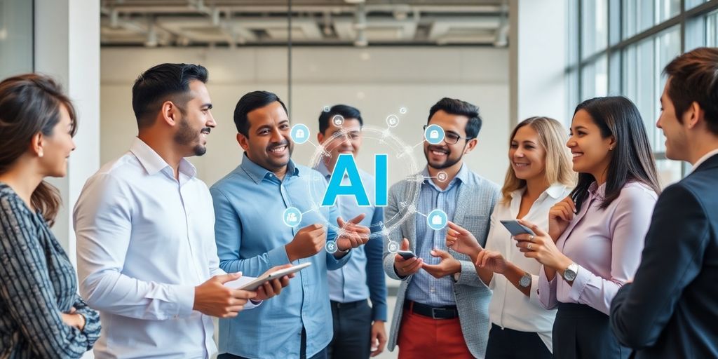 Group of diverse professionals discussing AI recruitment strategies.