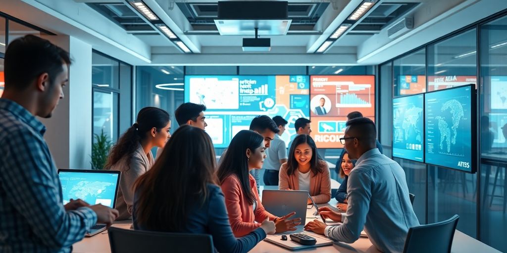 Diverse professionals collaborating in a futuristic office environment.