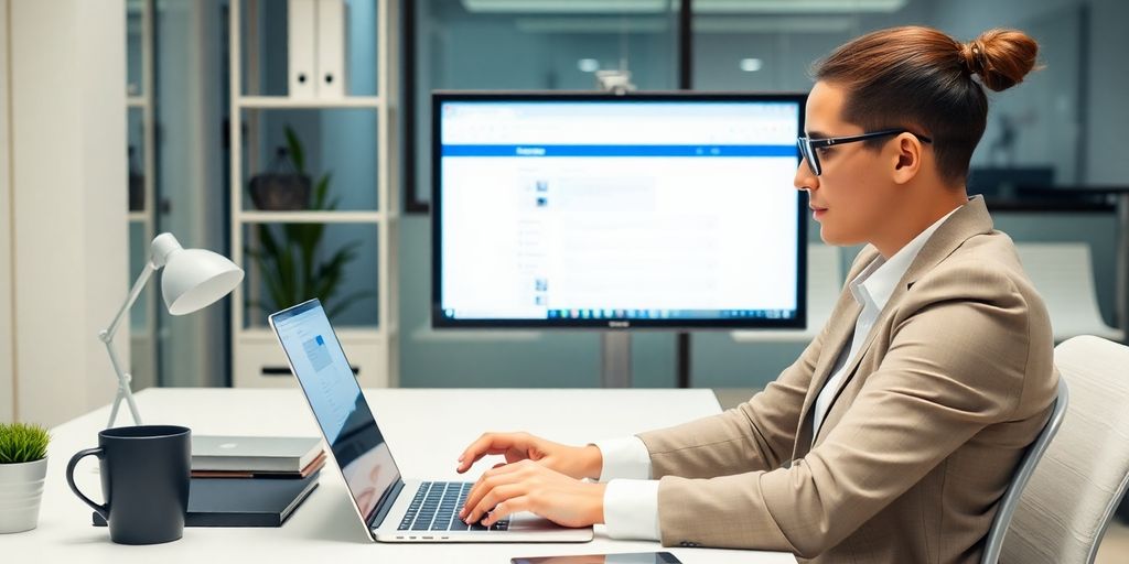Person logging into a laptop for business access.