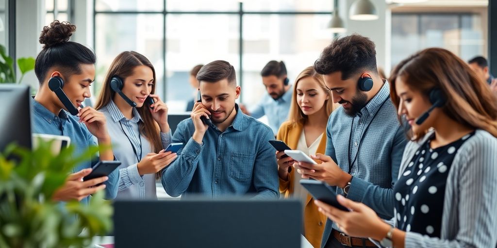 Diverse professionals communicating through phones and texting.