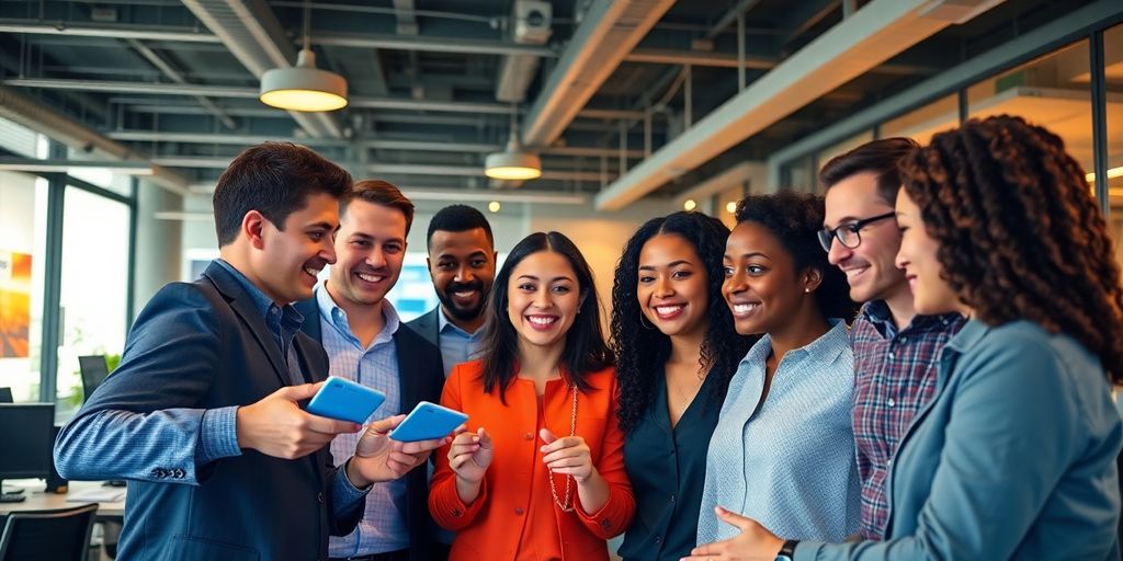 Diverse professionals engaging with advanced AI technology in office.