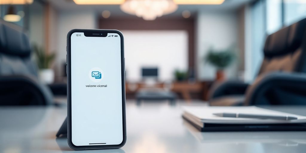 Smartphone on desk showing voicemail interface in office.