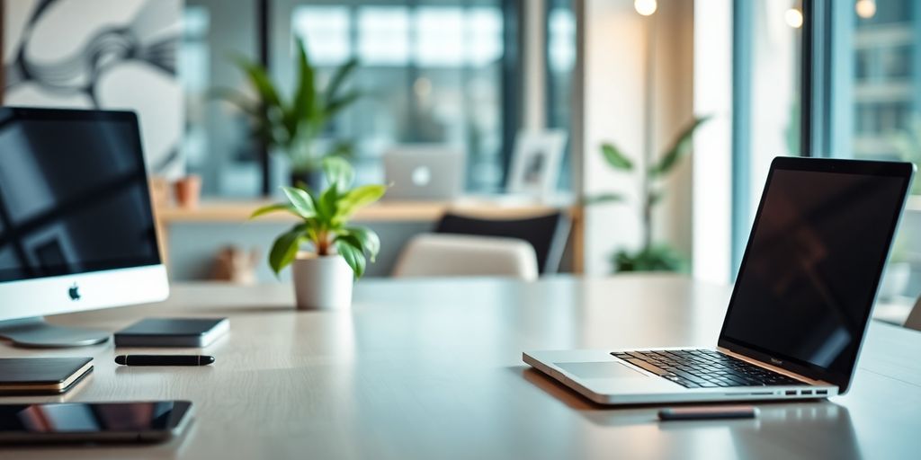 Modern workspace with laptop and digital devices.