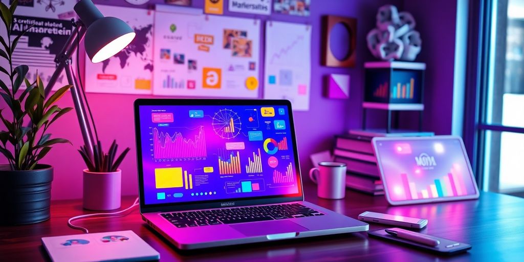 Creative workspace with laptop and digital graphics.