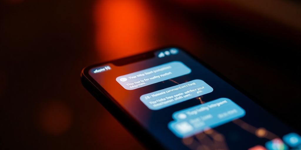 Smartphone with messaging app interface and glowing communication lines.