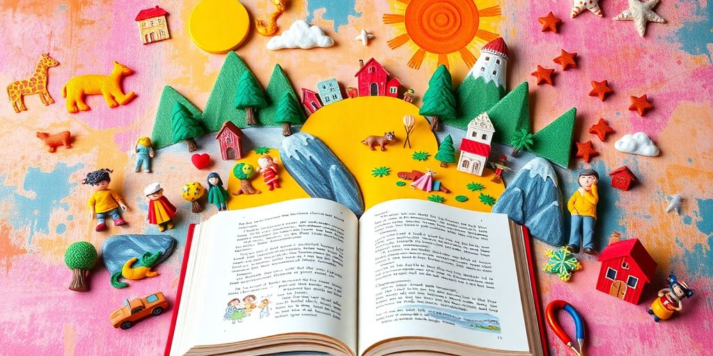 Open book surrounded by colorful story elements.