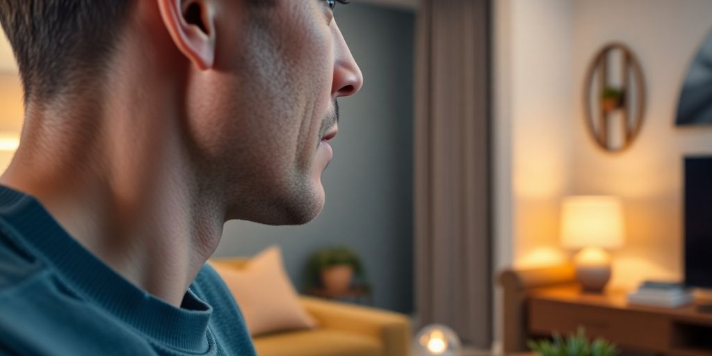 Person using voice AI in a modern living room.