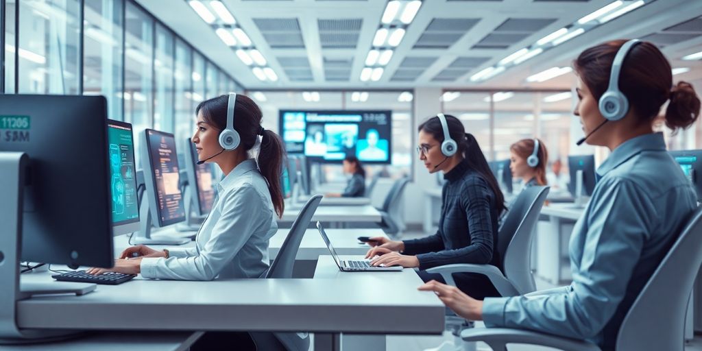 Futuristic office with AI assisting customer support team.