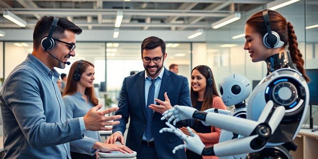 Diverse team collaborating with advanced AI technology in office.