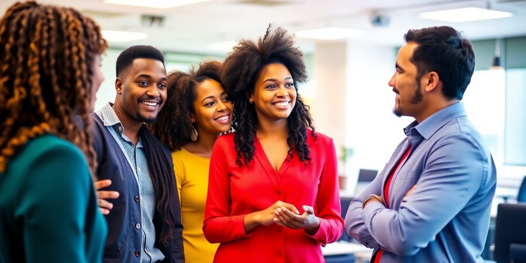 Diverse professionals collaborating in an office environment.