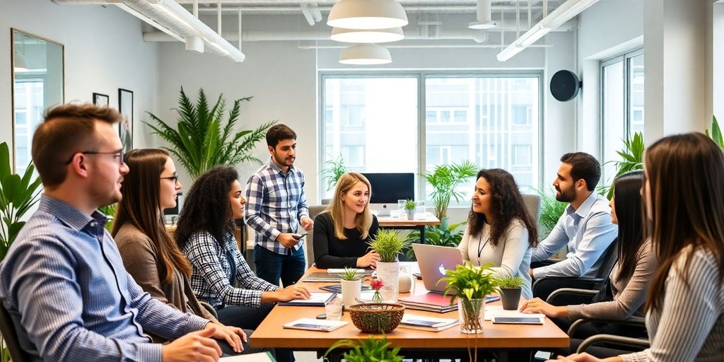 Diverse professionals collaborating in a bright office setting.