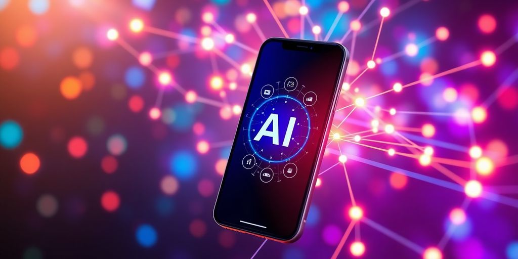 Smartphone with AI interface and digital connections.