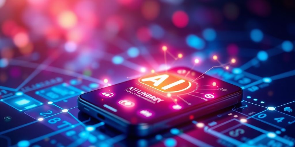 Futuristic smartphone with glowing AI interface and connections.