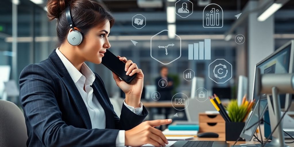 Business person using phone in a modern office.