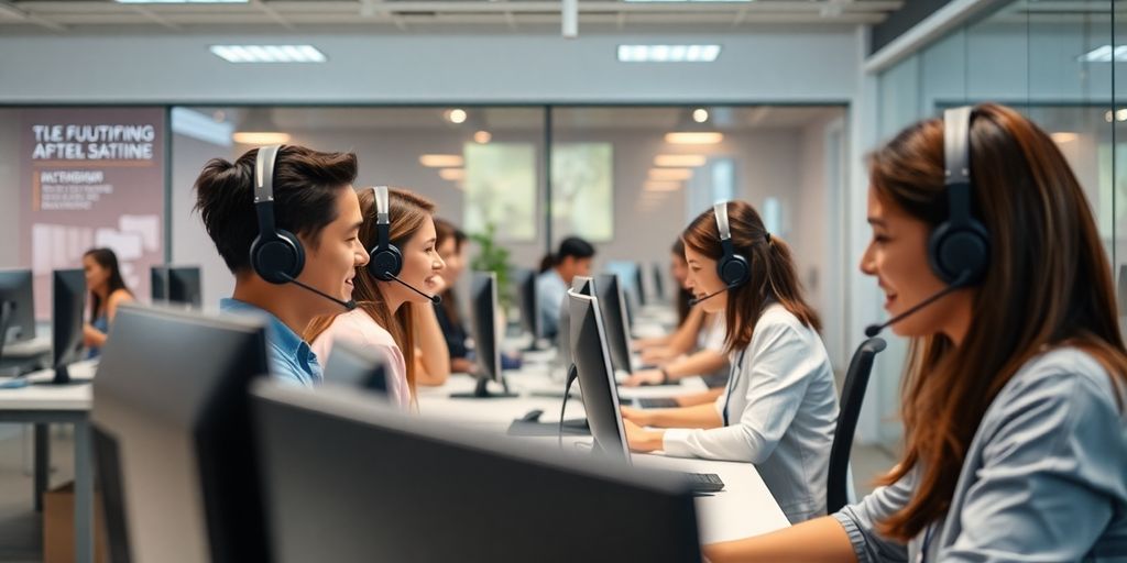Agents in a call center with headsets assisting clients.