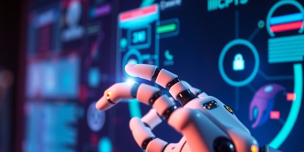 Robotic hand interacting with a digital interface.