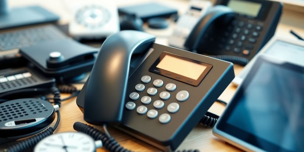 Office phone with communication tools in a professional setting.