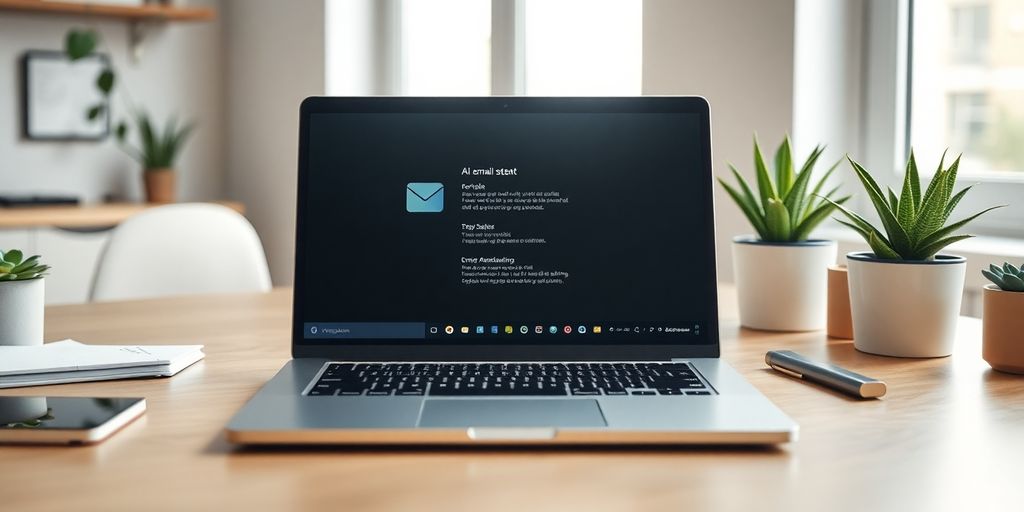 A laptop with AI email assistant on a desk.