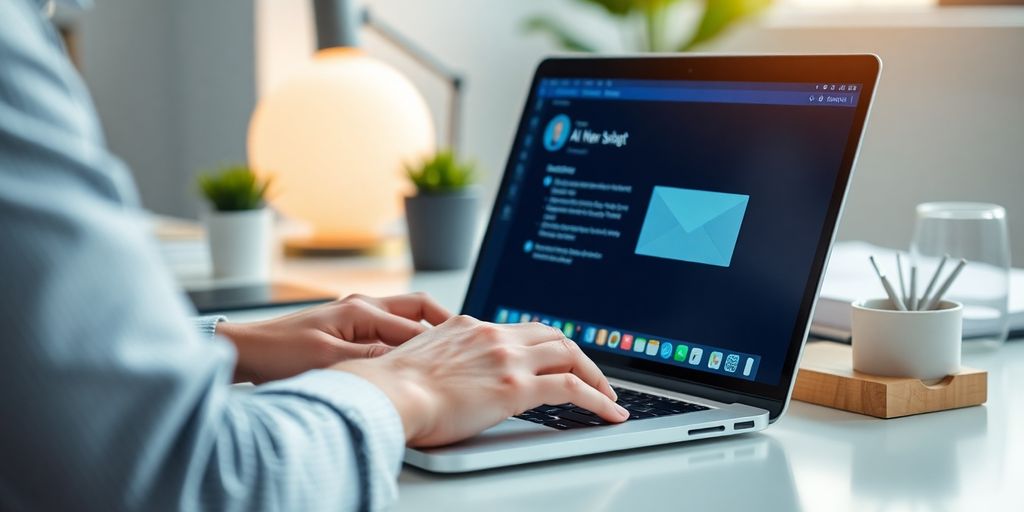 Person using AI email assistant on a laptop.
