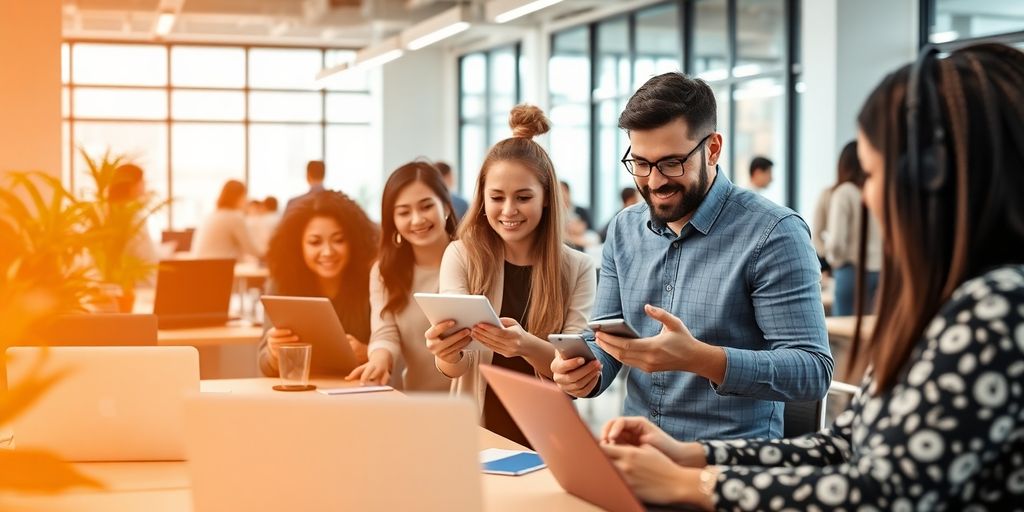 Diverse team collaborating in a modern AI agency office.