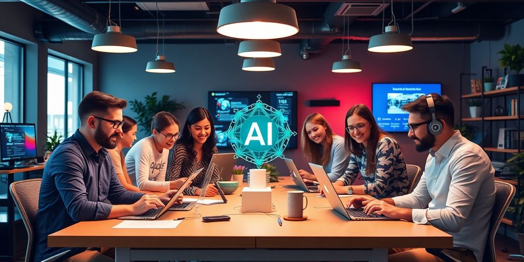 Diverse team collaborating on AI projects in a modern workspace.