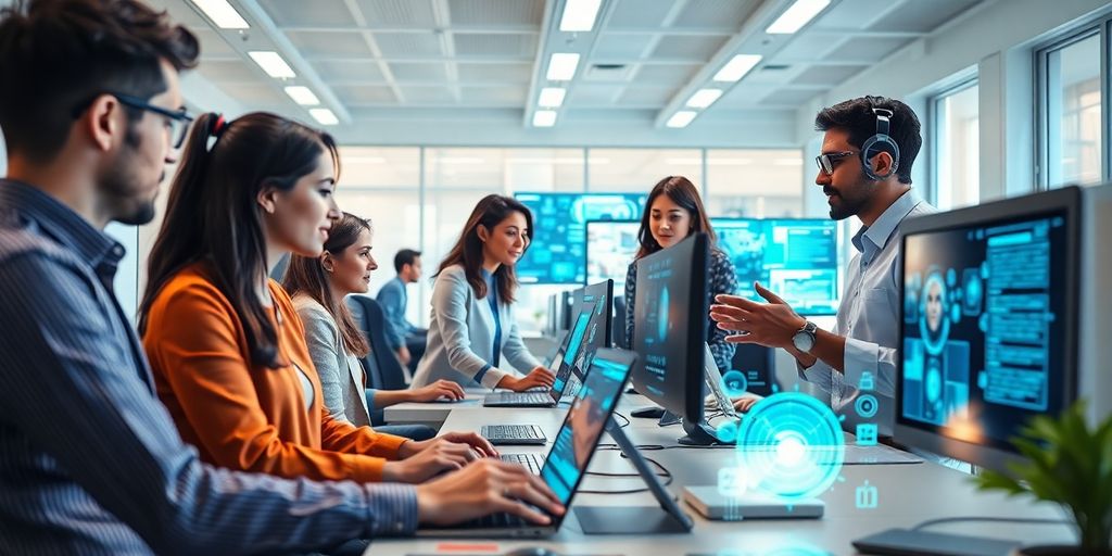 Diverse professionals collaborating with advanced AI technology in office.