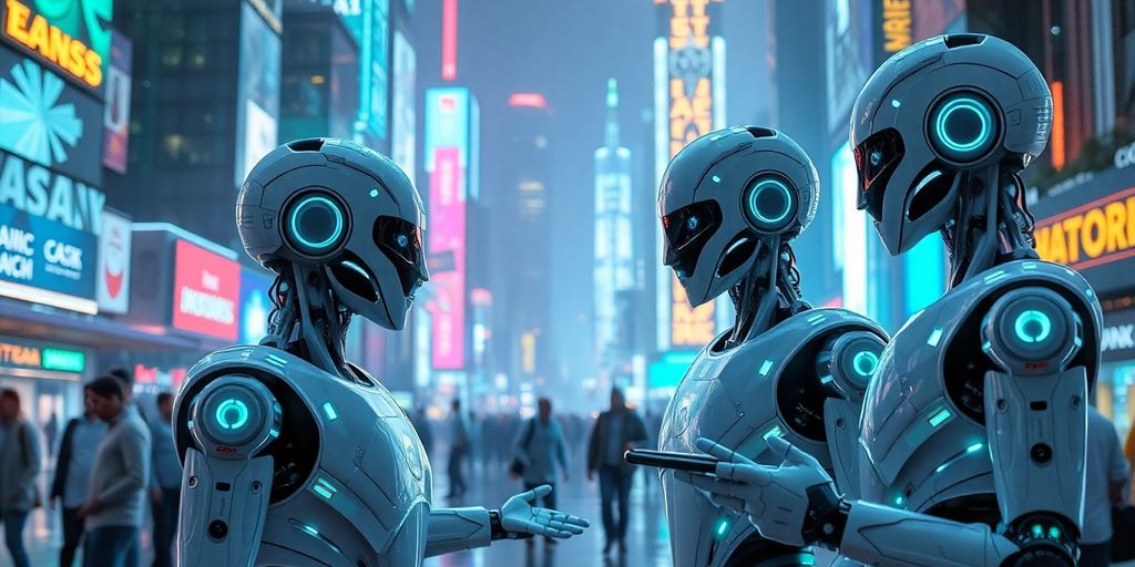 Futuristic city with AI and robots interacting.