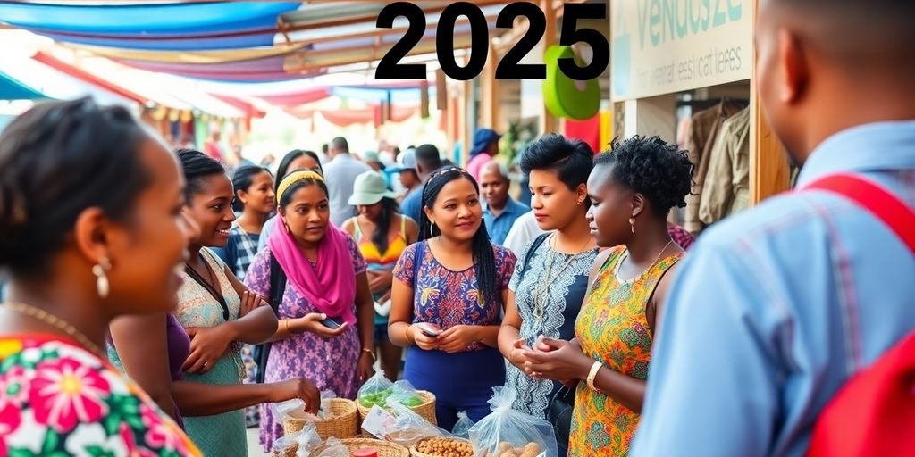 Local entrepreneurs collaborating in a vibrant market setting.