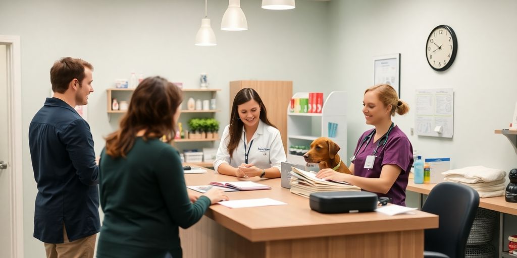 Veterinary receptionist assisting a pet owner at the desk.