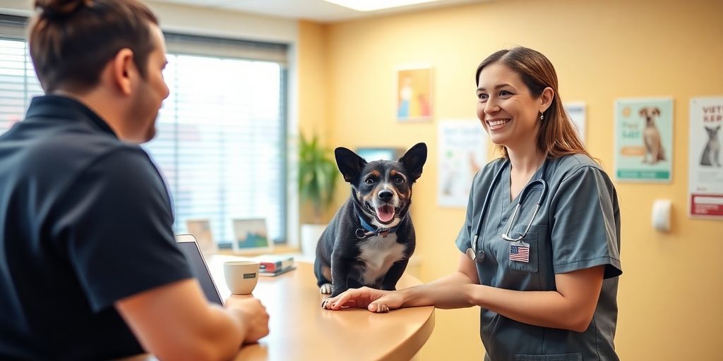 Veterinary receptionist helping a pet owner in clinic.