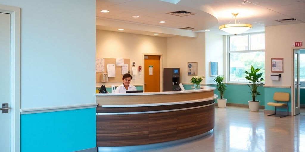 Hospital front desk with a friendly receptionist.