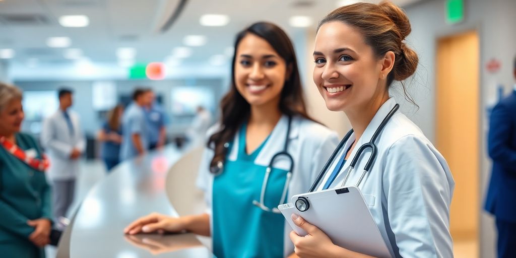 Hospital receptionist assisting patients at the front desk.