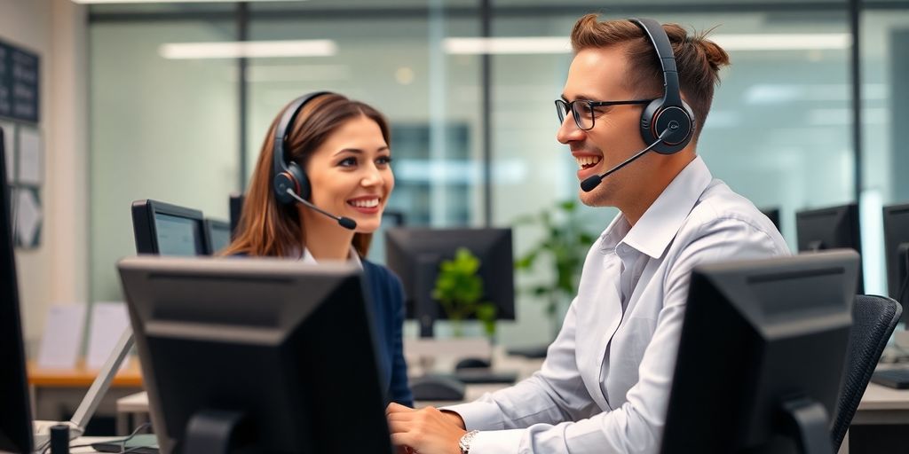 Professional phone operator assisting customers with a headset.